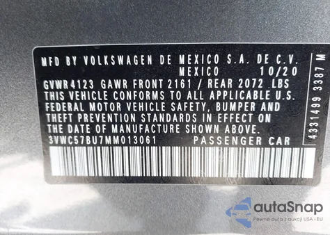 2021 Volkswagen Jetta 1.4T R-Line/1.4T S/1.4T Se из США, поврежденный, VIN 3VWC57BU7MM013061